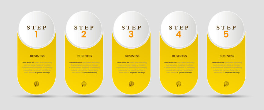 The set of yellow business infographic options, vertical banners design with FIVE rounded bottons. The top white circle highlights. used for finance and business options