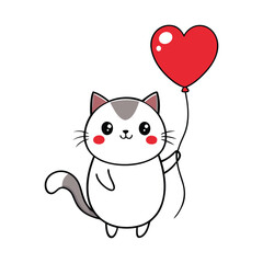 Cute feline vector illustration: a funny cartoon kitty with a big red heart, perfect for a love-themed greeting card