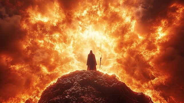 Silhouette figure standing on a mountain top amidst a fiery sky.