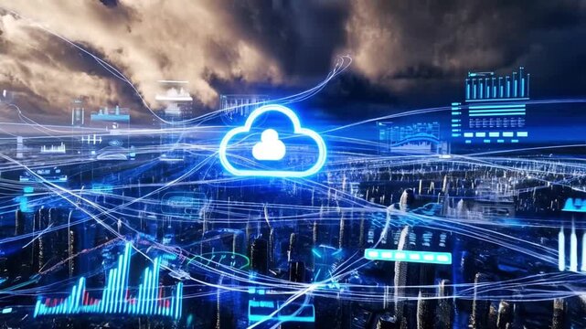 Cloud computing network infrastructure in futuristic metropolis digital connectivity concept