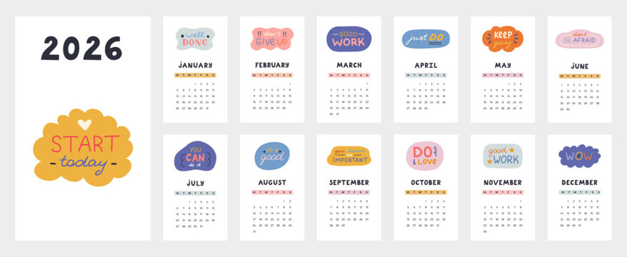 Lovely inspiring calendar template for 2026 year with motivational and cheering lettering in bubbles. Calendar grid with weeks starts on Monday for kids nursery. Vertical monthly calender layout.