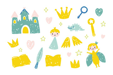 Fairy Tale Kingdom Cartoon: A delightful cartoon illustration showcases a whimsical fairy tale kingdom scene, filled with various cartoon elements. 