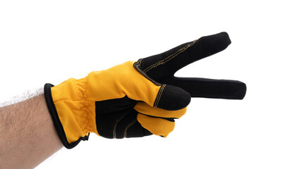 Yellow glove making a peace sign gesture