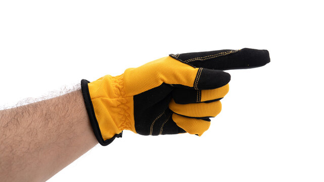 Gloved hand pointing to the right during work