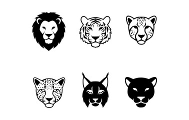 Fototapeta premium A collection of six different big cats portraits in black and white, showing a lion, tiger, cheetah, leopard, lynx, and panther