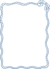 Blue whimsical line art rope frame with bow. Rectangular decorative rope sea summer border in wavy, whimsy, Mediterranean, coastal style. Coquette summer design in trendy fishermancore