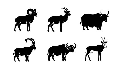 Silhouette animals including different kinds of horned animals mountain sheep, goats, and buffalo