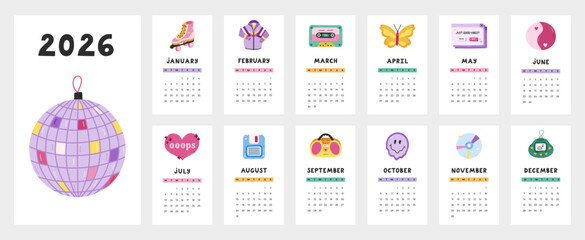 Lovely calendar template for 2026 year with cartoon clipart of badges of Y2k aesthetics, 00s, 90s. Calendar grid with weeks starts on Monday for corporate stationery. Vertical monthly calender layout.