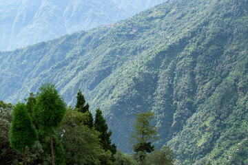 Scenic beauty of Green forests of Himalayan mountains, Okhrey, sikkim, India. Okhrey village is remote place in Sikkim where peaceful, tranquil Himalayan mountain range is enjoyed by tourists.