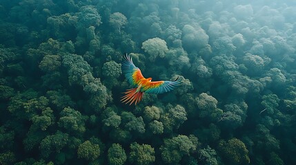Colorful parrot soaring above a dense rainforest canopy.