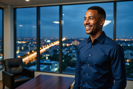 A smiling man in a blue shirt gazes out of a large window overlooking a city skyline at dusk.