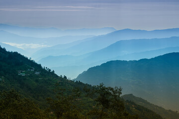 Scenic beauty of layers of mountains, Okhrey, sikkim, India. Okhrey village of one of the remotest places in Sikkim where peaceful, tranquil Himalayan mountain range is enjoyed by tourists from India.
