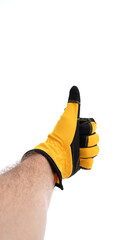 Fototapeta premium Yellow-gloved hand giving thumbs up