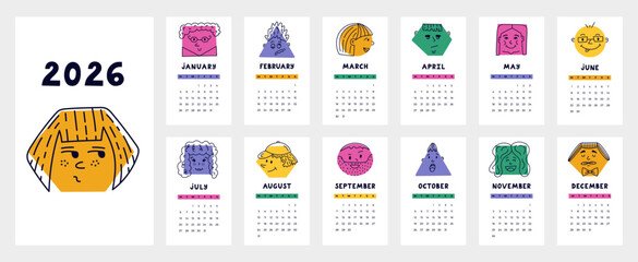 Lovely calendar template for 2026 year with comic faces doodle with different emotions. Calendar grid with weeks starts on Monday for nursery. Vertical caricature emoticons monthly calender layout.