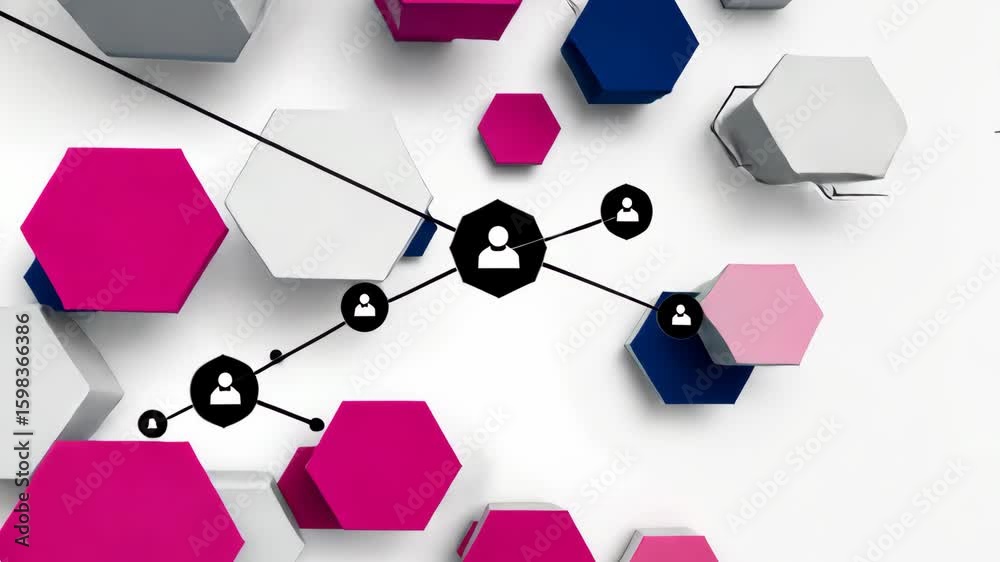 Poster dynamic arrangement of hexagons and circles creates an engaging visual experience focused on connect