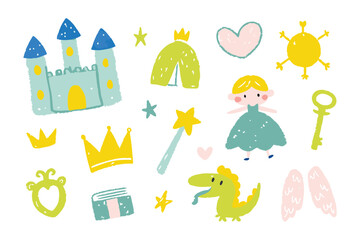 Fairy Tale:  A whimsical illustration featuring a collection of fairytale elements, designed to evoke the magic of childhood fantasies. 