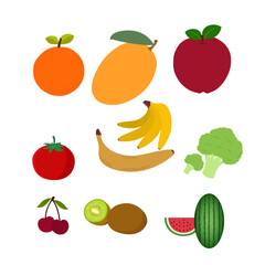 Colorful vector illustration of fruits and vegetables including apple, mango, broccoli, tomato, kiwi, banana, and more. Perfect for healthy eating, food banners, or nutrition designs.