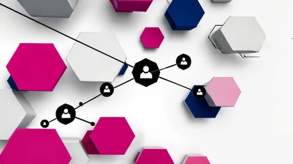 Dynamic arrangement of hexagons and circles creates an engaging visual experience focused on connection and interaction