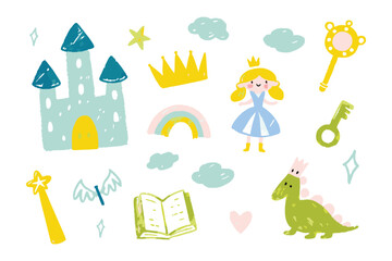 Whimsical Realm: A delightful illustration presents a fairy-tale scene filled with a princess, dragon, castle and other charming elements. 