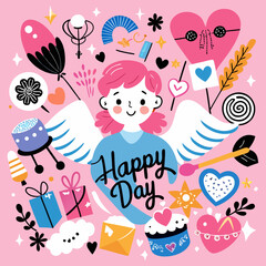 Cute angel character surrounded by festive elements and hearts celebrating a happy day