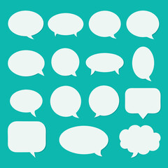 Fototapeta premium Collection of diverse white speech bubbles and thought bubbles on a teal background