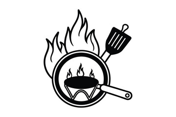 Black silhouette of a frying pan with flames and a spatula cooking delicious food isolated on white background silhouette