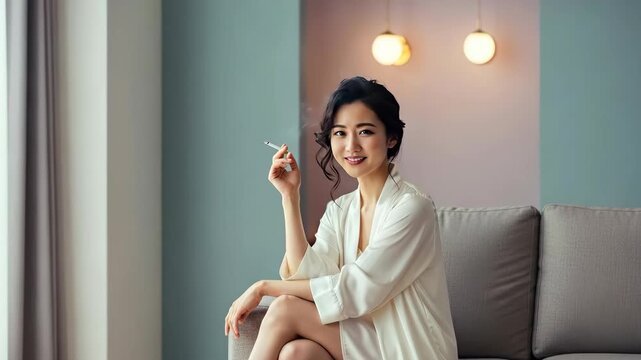 リラックスした表情で喫煙する女性のポートレート