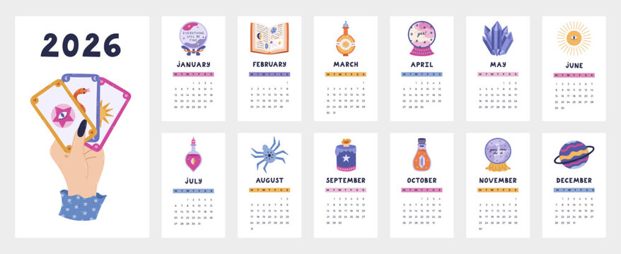 Lovely calendar template for 2026 year with esoteric and wizard cartoon clipart. Calendar grid with weeks starts on Monday for kids nursery, company, stationery. Vertical monthly calender layout.