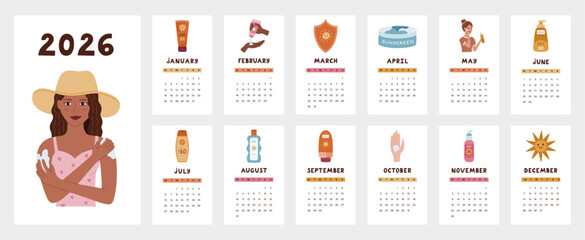 Lovely calendar template for 2026 year with SPF protection cartoon clipart. Calendar grid with weeks starts on Monday for company, nursery. Vertical monthly calender layout with protective cosmetic.