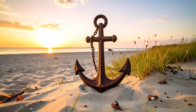 Una antigua ancla de hierro oxidado, parcialmente enterrada en la arena de una playa solitaria al atardecer