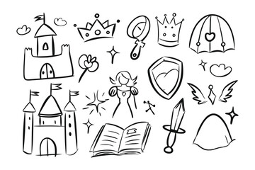 Princess Dream Doodle Set: whimsical doodles of a princess theme. A charming doodle set features a castle, crown, mirror, book, shield and wand, invoking the essence of fairy tales.