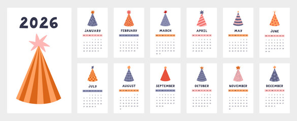Lovely calendar template for 2026 year with birthday party hat cartoon clipart. Calendar grid with week starts on Monday for kids nursery, carnival office. Vertical paper cone monthly calender layout.