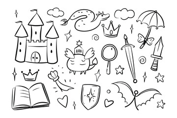 Fototapeta premium Royal Line Art: A whimsical hand-drawn illustration of various royal elements, showcasing a castle, a dragon, crown, clouds, a sword, shield, an umbrella, a love heart, stars, a book.