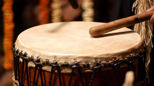 A drum being played by a wooden drumstick in warm lighting