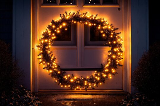 Twinkling fairy lights enhance a festive Christmas wreath on a cozy home entrance at night