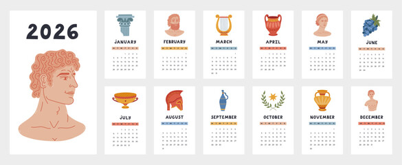 Lovely antique Greek calendar template for 2026 year with cartoon clipart of marble goddess, ruined pillar, laurel. Calendar grid with weeks start on Monday. Vertical monthly calender layout.