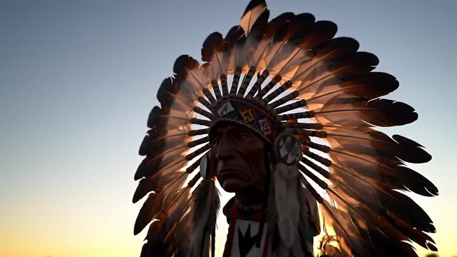 Person wears feathered headdress against gradient sunset sky in close-up, low angle