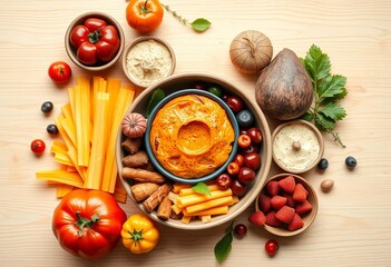 Tryptophan-rich foods arranged artfully on a light wooden table with ample copy space,  appetite,  protein