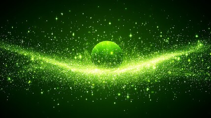 Green cosmic nebula with glowing stars and a central orb.