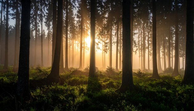 Golden sunlight streams through misty forest (2) - Powered by Adobe