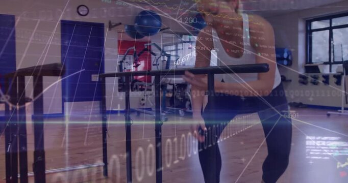 Woman entering gym, testing parallel bars for balance, holding smartphone, viewing animated metrics