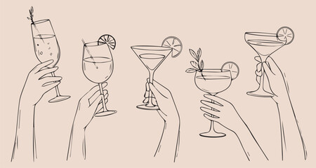 Hand drawn chalk cheers. Hands with wine, champagne glass, cocktails drawings for wedding invitations, menus and parties. Doodle art template. Clipart vintage ink doodle sketch style