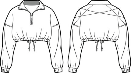Cropped pullover with drawstring waist, front and back views, CAD fashion sketch, zipper collar, stylish flat vector illustration