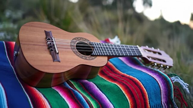 Andean charango rests on a vibrant, striped blanket outdoors against a grassy backdrop