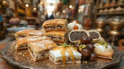 Photo of a decadent selection of traditional middle eastern pastries, including baklava and datefilled delights, beautifully arranged