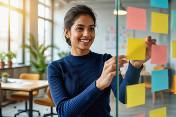 A smiling young woman in a blue sweater playfully interacts with colorful sticky notes adhered to a glass partition in a modern office setting.