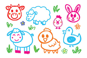 Farm Animal Doodle: A charming doodle illustration showcases a delightful collection of farm animals, each rendered with vibrant colors and whimsical charm.