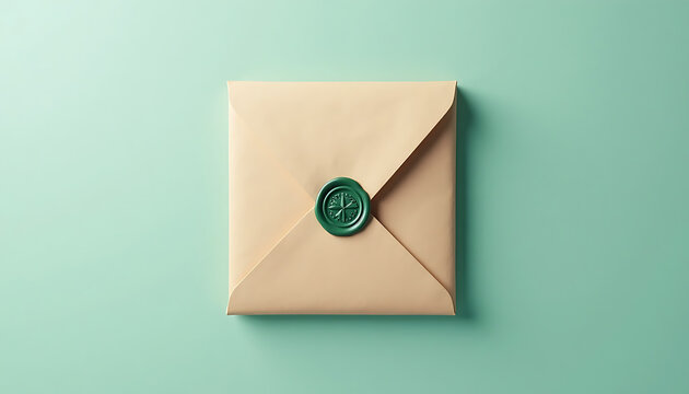 Elegant Sealed Envelope with Wax Seal on Minimal Background | Sophisticated beige envelope with green wax seal, neatly placed on a soft teal background, symbolizing elegance, tradition & communication