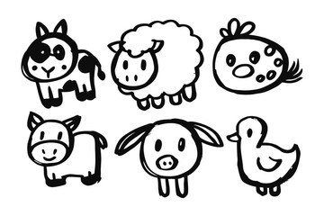 Farm Animal Doodle: A charming array of hand-drawn sketches captures the essence of farm life, showcasing iconic animals in a simple, whimsical style.