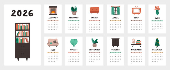 Cute calendar template for 2025 year with cozy illustrations of living room interior. Calendar grid with weeks starts on Monday for nursery or office. Horizontal monthly calender layout for planning.